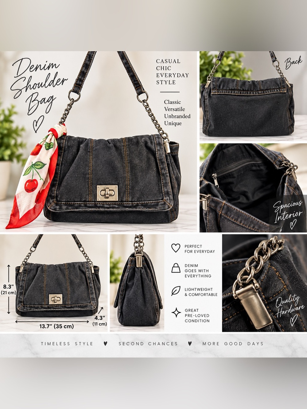 Y2K Black Denim Shoulder Bag Chain Strap Slouchy Jean Purse